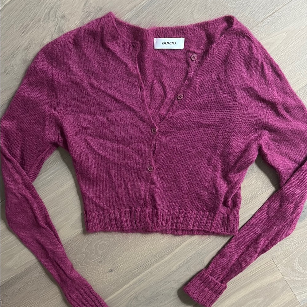 Danielle Guizio Mohair Cropped Ribbed Cardigan in Berry - Size XS